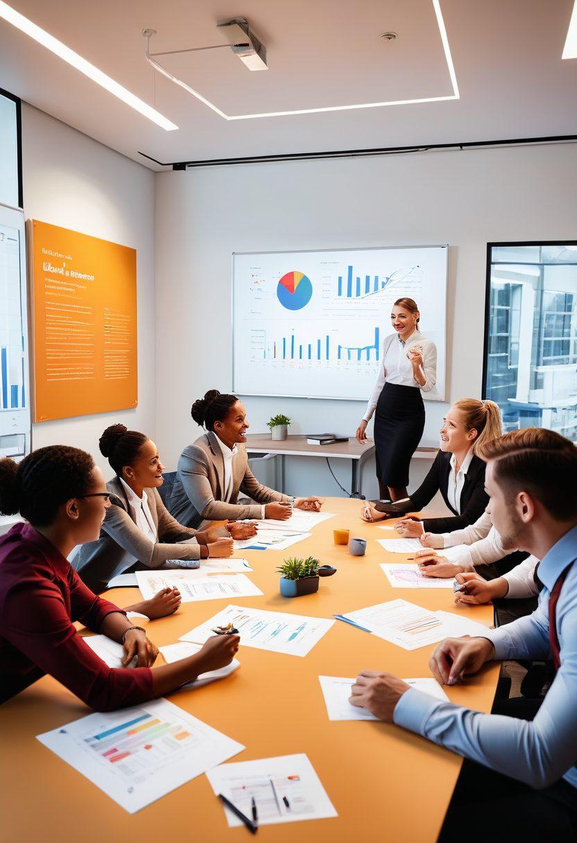An engaging scene depicting a diverse group of employees in a dynamic onboarding session, showcasing teamwork and collaboration. Include visual elements like charts and growth graphs in the background, symbolizing retention strategies and employee development. Capture a sense of innovation and motivation, with bright colors and a warm atmosphere. super-realistic. vibrant colors. office environment.