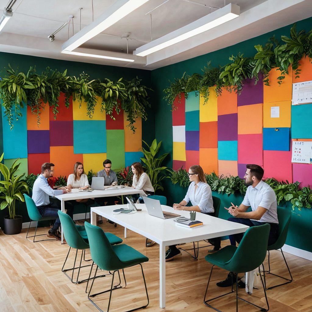 A dynamic office scene featuring diverse employees engaged in collaborative brainstorming around a colorful table, showcasing innovative HR tools like virtual reality training and a digital feedback wall. The atmosphere is vibrant and energetic, symbolizing growth and empowerment, with lush greenery in the background to represent a thriving workplace culture. super-realistic. vibrant colors. 3D.