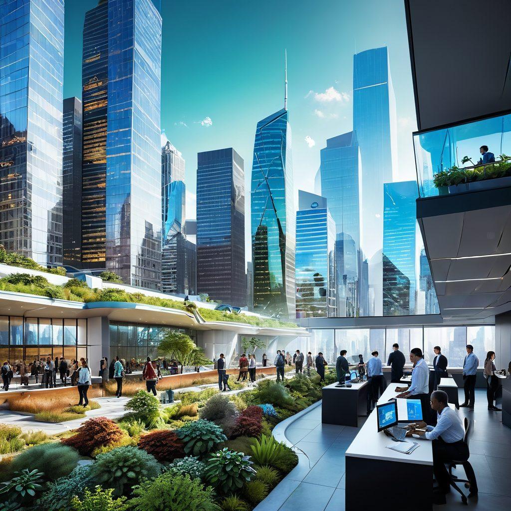 A futuristic city skyline with diverse workers collaborating, showcasing advanced technology tools like tablets and holograms. Include elements of nature such as green roofs and solar panels, to symbolize sustainability in workforce development. Vibrant colors and dynamic poses to convey innovation and collaboration. super-realistic. bright colors. 3D.